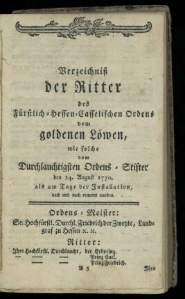 Verzeichniß der Ritter des Fuerstlich-Hessen-Casselischen Ordens vom goldenen Loewen