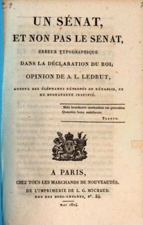 Un sénat, et non pas le sénat, erreur typographique dans la declaration du roi : opinion