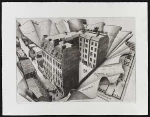 Radierung des Künstlers Erhard Groß, Titel: Projekt Skalitzer Straße 99 - Neubau, 1987