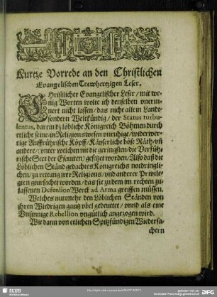 Kurtze Vorrede an den Christlichen Evangelischen Trewhertzigen Leser