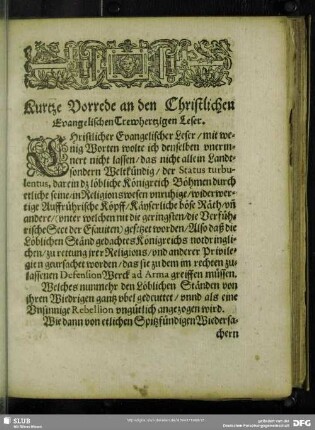 Kurtze Vorrede an den Christlichen Evangelischen Trewhertzigen Leser