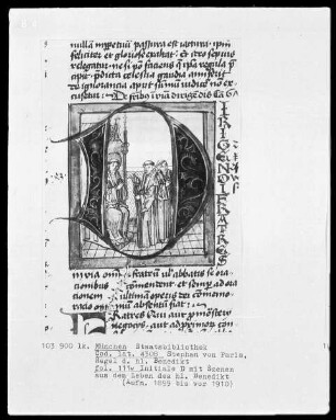Stephan von Paris, Auslegung der Regel des heiligen Benedikt — Initiale A, darin Benedikt schickt zwei Mönche aus, Folio 111verso