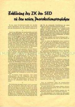 Flugblatt mit der Erklärung des ZK der SED zur Ausgabe von Lebensmitteln für DDR-Bürger in Westberlin nach dem 17. Juni 1953