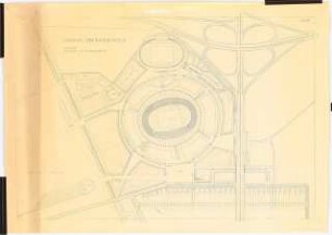 Stadion Oberwiesenfeld, München: Lageplan, Variante zum Außenverkehr, geostet, 1:1000, (von Inv.nr. 39700)