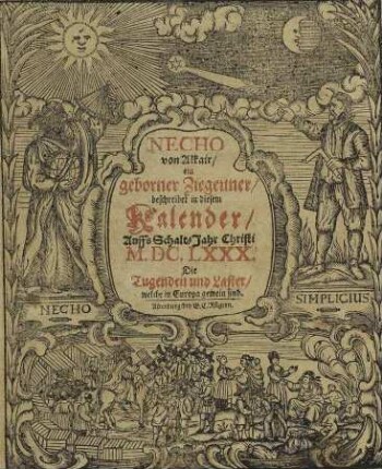Aus dem Lauff des Gestirns Erkundigte Jahrs-Prohpeceyung/ Nemlich Auffs Schalt-Jahr ... M.DC.LXXX. : In Welchem sich am 29. Junii das 2429. Jahr in der Nabonassarischen oder alten Egyptischen Jahrzahl anfängt/ Bestehende In etlichen Gesprächen/ welche Necho/ ein Egyptischer Artz und Sternkündiger ... gehalten hat ... Welchen auch noch ... beygefüget worden Eine Zugabe Von der Warsagung aus den Linien der Hände