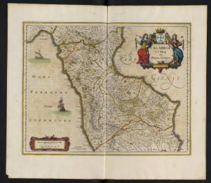 Karte der Region Kalabrien Nord, Italien, ca. 1:390 000, kolorierter Kupferstich, 1645 : Calabria Citra olim Magna Graecia / Iohannes Ianssonius Excudit. - [Ca. 1:390 000]. - [Amsterdam] : Ioannes Ianssonius, [1645]. - 1 Kt : Kupferst ; 36 x 47 cm. - Maßstab in graph. Form (Milliaria Italica communia, Milliaria Germanica communia)
