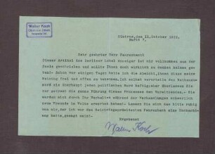 Schreiben von Walter Koch, Güstrow, an Constantin Fehrenbach, Bitte um Zurückhaltung im Prozess gegen Attentäter Walther Rathenaus