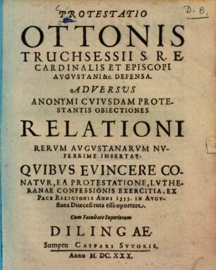 Aller guten Ding seynd Drey, Das ist: Drey gute, newe Gespräch, zwischen thails Catholischer, thails Euangelischer Religions Verwandten ... angestellt : Das erste, von Abzug eines Predicanten von Augspurg, nach abgeschafften Augspurgischen Confession ...