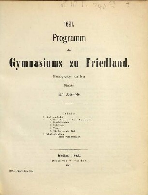 Programm des Gymnasiums zu Friedland. 1890/91