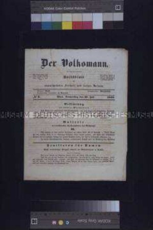 Zeitung: Der Volksmann. Volksblatt für unumschränkte Freiheit und soziale Reform. Nr. 3; Wien, 27. Juli 1848