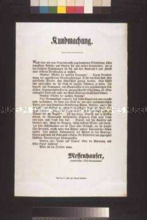 Maueranschlag: Mahnung des Oberkommandanten der Nationalgarde Messenhauser an die Mitglieder der Nationalgarde und mobilen Kolonnen; Wien, 15. Oktober 1848