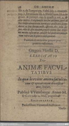 Exercitatio De Animae Faculatibus, In qua breviter anima facultatum & operationum diversitas monstratur