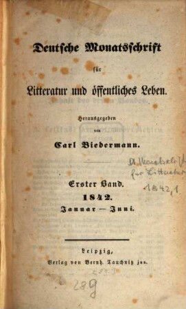 Deutsche Monatsschrift für Litteratur und öffentliches Leben. 1842,1 = Jan. - Juni