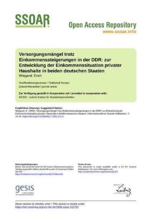 Versorgungsmängel trotz Einkommenssteigerungen in der DDR: zur Entwicklung der Einkommenssituation privater Haushalte in beiden deutschen Staaten