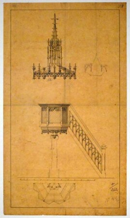 Entwurfszeichnung für die Kanzel mit Kanzeltreppe in Reichlkofen, Filialkirche St. Michael