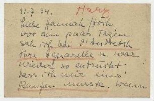 Postkarte von Ursula Albrecht an Hannah Höch. 's Gravenhage