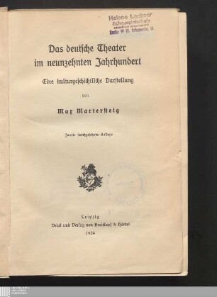 Das deutsche Theater im neunzehnten Jahrhundert : eine kulturgeschichtliche Darstellung