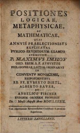 Positiones Logicae, Metaphysicae, Ac Mathematicae