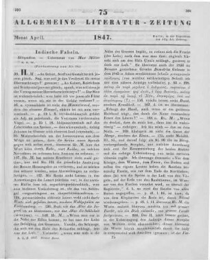 Hitopadesa. Eine alte indische Fabelsammlung. Aus dem Sanskrit zum ersten Mal in d. Dt. übers. v. M. Müller. Leipzig: Brockhaus 1844 (Fortsetzung von Nr. 74)