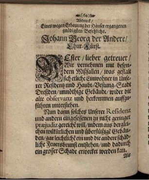Abdruck/ Eines wegen Erbauung der Häuser ergangenen gnädigsten Befehlichs