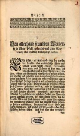 Chur-Pfaltz Erneuerte Accis-Ordnung : Publicirt Im Jahr 1701. ; [Signatum Heydelberg den 15. Februarii. Anno 1701.]