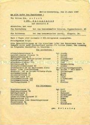 Rundschreiben des Bezirksamtes Berlin-Schöneberg zur Ausgabe von Sonderrationen an die Opfer des Faschismus