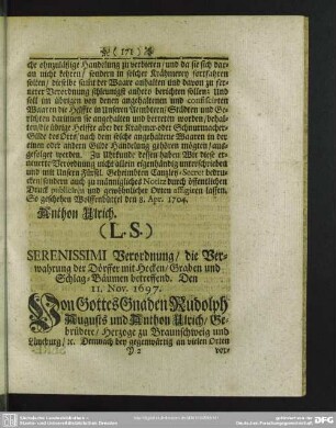 Verordnung, die Verwahrung der Dörffer mit Hecken, Graben und Schlag-Bäumen betreffend. Den 11. Nov. 1697