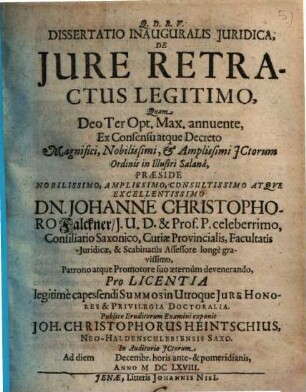 Dissertatio inauguralis iuridica de iure retractus legitimo