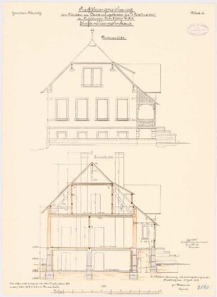 Garnison, Mutzig Wohnhäuser für drei Wallmeister: Einzelwohnhaus: Aufriss Vorderansicht, Querschnitt 1:50