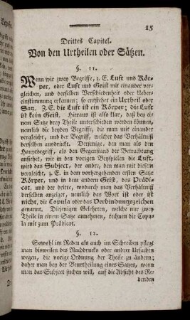 Drittes Capitel. Von den Urtheilen oder Sätzen.