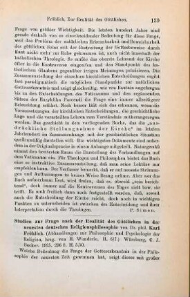 139-141 [Rezension] Fröhlich, Karl, Studien zur Frage nach der Realität des Göttlichen in der neuesten deutschen Religionsphilosophie