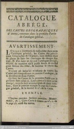 Catalogue Abrégé Des Cartes Geographiques & autres, comtenues dans la premiére Partie du Catalogue général