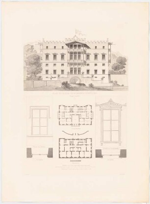 Werke der höheren Baukunst, Darmstadt 1856 Schloss im Gebirge: Grundrisse, Hauptansicht