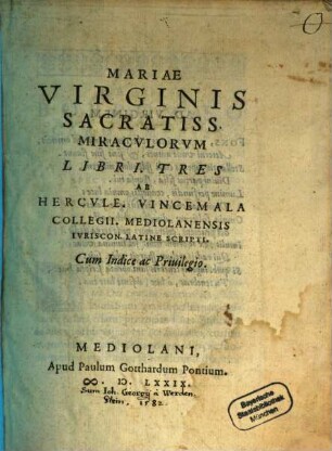 Mariae Virginis Sacratissimae Miraculorum libri tres