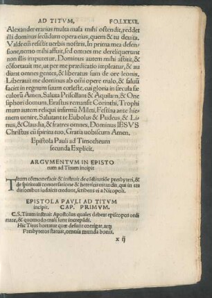Argumentum In Epistolam ad Titum incipit.