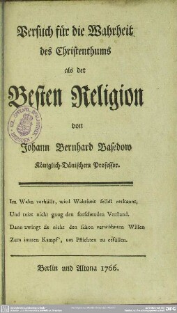 Versuch für die Wahrheit des Christenthums als der Besten Religion