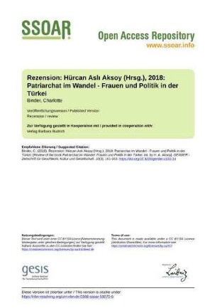 Rezension: Hürcan Aslı Aksoy (Hrsg.), 2018: Patriarchat im Wandel - Frauen und Politik in der Türkei