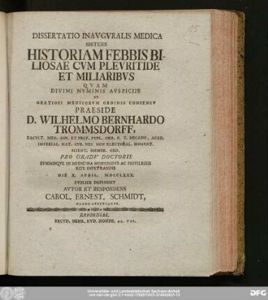 Dissertatio Inavgvralis Medica Sistens Historiam Febbis Biliosae Cvm Plevritide Et Miliaribvs