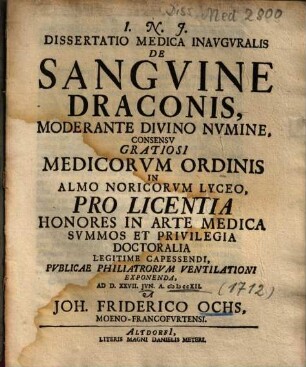 Dissertatio Medica Inavgvralis De Sangvine Draconis