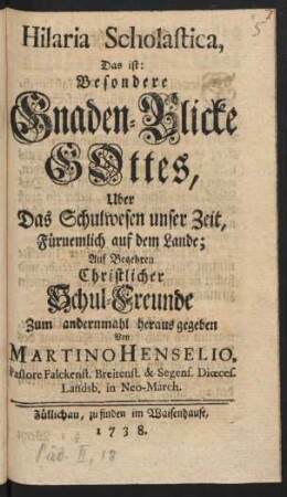 Hilaria Scholastica, Das ist: Besondere Gnaden-Blicke Gottes, Uber Das Schulwesen unser Zeit, Fürnemlich auf dem Lande