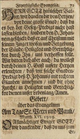 Gebett/ über das Evangelium Am Tage St. Petri und Pauli/ ...