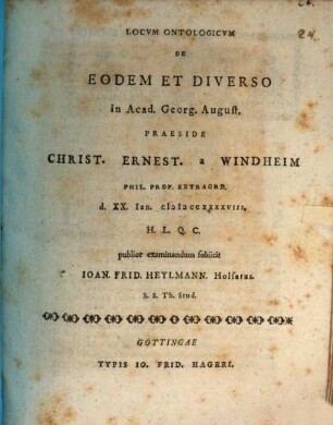 Locum ontologicum de eodem et diverso ... publice examinandum subiicit