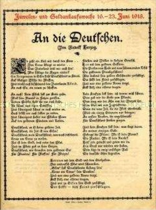 Flugblatt mit einem gereimten Aufruf an die Deutschen zur Goldabgabe und Verzeichnis der Ankaufstellen in Berlin