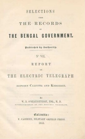 Report on the electric telegraph between Calcutta and Kedgeree