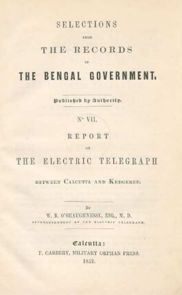 Report on the electric telegraph between Calcutta and Kedgeree