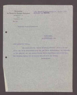 Schreiben des Parteisekretärs der DVP, Hornberg, Gasthaus zum Mohren, an die Badische Verlagsdruckerei: Bestellung von Mitgliederkarten und Aufnahmeanträgen, 1 Schreiben (Durchschlag)