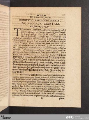 Disputatio Theologiae Biblicae, De Peccato Mortali.