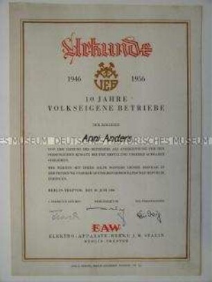Urkunde der EAW Berlin-Treptow "VEB 1946-1956"