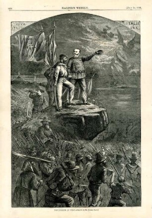 The uprising of Italy : Soldaten ziehen an Giuseppe Garibaldi und König Viktor Emanuel II. vorbei