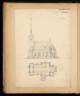 Katholische Kirche St. Sturmius, Rinteln Monatskonkurrenz April 1882: Grundriss Erdgeschoss, Aufriss Südansicht